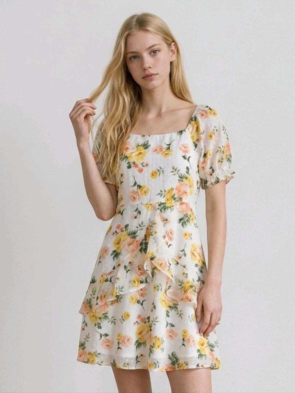 NWT Trixxi Yellow and Peach Puff Sleeve dress ~16